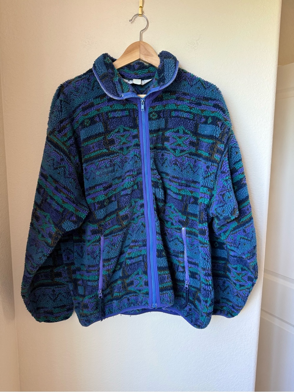 Vintage 90s Columbia Fleece Jacket Women’s XL Teal Purple Geometric Full Zip